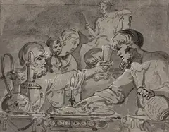 Scène de l'Ancien Testament by Leonard Bramer, Plume, encres grise et noire, rehauts de gouache blanche sur papier préparé bleu numéroté, sold Dec 2022