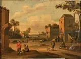 Place de village by Cornelis Droochsloot, Panneau de chêne, deux planches, renforcé, sold Dec 2022
