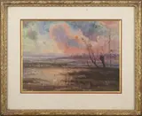 Paysage lacustre au crépuscule, animé de têtards by François-Auguste Ravier, Aquarelle sur papier, sold Jan 2023