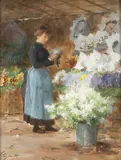 La marchande de fleurs by Victor Gilbert, Aquarelle sur papier marouflé sur carton, sold Jan 2023