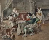 Gentilshommes jouant aux cartes, fumant ou buvant dans un intérieur dans le goût du XVIIème siècle by Bernard Louis Borione, Aquarelle sur trait de crayon, sold Jan 2023