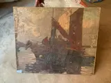 Cheval remorquant un bateau de pêche by Alfred Plauzeau, Toile très abîmée, sold Jul 2020