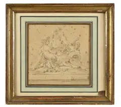Projet de groupe avec un Dieu Fleuve by François Boucher, Crayon noir et rehauts de craie blanche, sold Jun 2025