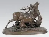Cerf attaqué par trois chiens by Pierre-Jules Mêne, Epreuve en bronze à patine brun clair nuancé, sold Mar 2014