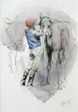 Cheval et son jockey à la casaque bleue by Hubert de Watrigant, Aquarelle signée en bas à droite, sold Dec 2013