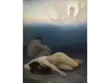 Mystische Darstellung mit Zwei Figuren und Einer Himmelsgestalt by Eduard Kasparides, oil on board, offered Jun 2024