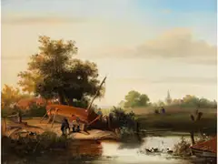 Flusslandschaft mit Fischer Beim Reparieren Eines Bootes by Willem Roelofs, oil on canvas, offered Sep 2020