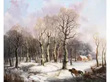 Verschneiter Wald mit Einem Holzsammler mit Pferdeschlitten und Einem Jäger by Adrianus van der Koogh, oil on canvas, sold Jun 2026