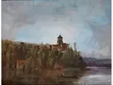 Flussuferlandschaft mit Erhöht Stehendem Dorf mit Kirchturm by Paul Désiré Trouillebert, oil on canvas, offered Mar 2015