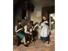 Junge Mutter mit Neugeborenem vor Drei Sitzenden Burschen by Ernst Nowak, oil on panel, sold Mar 2023
