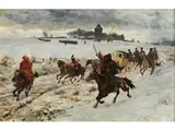 Winterliche Landschaft mit Kosaken auf der Flucht vor Einer Grossen Armee by Rudolf Otto von Ottenfeld, oil on panel, offered Dec 2023