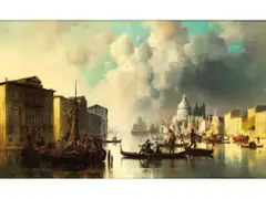 Blick Über den Rege Befahrenen Canal Grande auf die Punta Della Dogana mit der Dahinterliegenden Santa Maria Della Salute by Josef Püttner, oil on canvas, sold Dec 2023