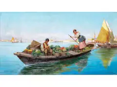 Mit Gemüse Beladenes Boot vor der Sommerlichen Kulisse von Venedig by Pietro Barucci, oil on canvas, offered Jun 2025