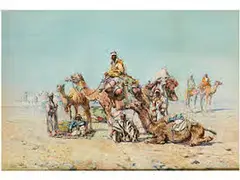 Lagernde Beduinen mit Kamelen in der Wüste Nahe Kairo by Mariano de Franceschi, watercolor, offered Sep 2015