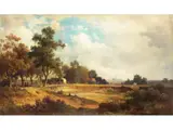 Sommerliche Landschaft mit Gewässer und Blick auf München by Eduard Schleich d. Ä., oil on canvas, offered Jun 2023