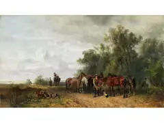 Rast der Pferde by Ludwig Hartmann, oil on panel, offered Dec 2023