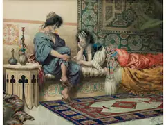 Orientalinnen im Gespräch by Giuseppe Aureli, watercolor, offered Mar 2019