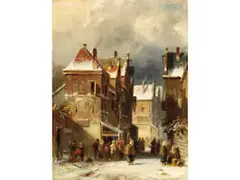 Winterliche Strassenansicht mit Zahlreichen Figuren by Charles Leickert, oil on panel, sold Mar 2025