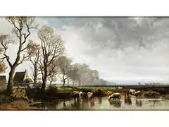 Herbstlandschaft mit Kuhherde an der Wasserstelle by Joseph Wenglein, oil, sold Dec 2015