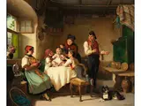 Bauernfamilie in der Stube mit Kleinkind by Kaspar Kaltenmoser, oil on canvas, offered Jun 2022
