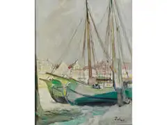 Schiffe in Verschneitem Jachthafen in Einer Nördlichen Stadt by Arnold Balwé, oil on canvas, offered Dec 2016