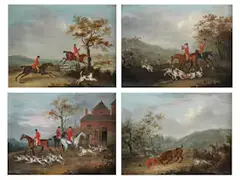 Vier Darstellungen mit dem Ablauf Einer Britischen Fuchsjagd by John Nost Sartorius, oil on copper, sold Mar 2025