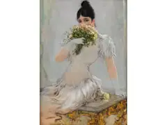Portrait Einer Jungen Frau mit Einem Kleinen Rosenstrauch in Ihrer Hand by Jan Marie Constantin Van Beers, oil on panel, sold Sep 2023