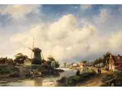 Sommerliche Flusslandschaft mit Windmühlen by Charles Leickert, oil on canvas, offered Dec 2025