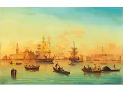 Ansicht des Beckens von Venedig mit Booten und Gondeln by Josef Püttner, oil on canvas, sold Mar 2024