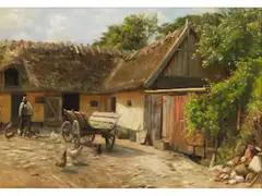 Ländliche Szene mit Bauer und Hühnern by Peder Mork Monsted, oil on canvas, offered Dec 2024