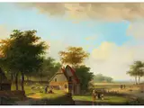 Idyllische Landschaft mit Wassermühle und Bauern by Jacobus van der Stok, 1794 Leiden – 1864 Amsterdam, oil on panel, offered Jun 2023