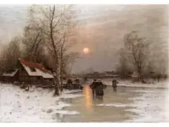 Aufgehender Mond Über Vereister Dorfstrasse mit Landvolk by Johann Jungblut, oil on canvas, sold Jun 2024