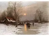 Aufgehender Mond Über Vereister Dorfstrasse mit Landvolk by Johann Jungblut, oil on canvas, sold Jun 2024