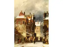 Markttreiben in Verschneiter Strasse by Charles Leickert, oil on panel, offered Dec 2025