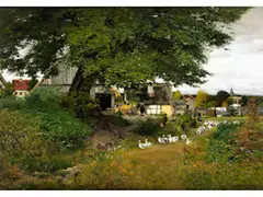 Dorf mit Grossem Bauernhof und Gänsemarkt by Hans Herrmann, oil on canvas, offered Mar 2024