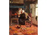 Alte Frau am Feuer by Hans von Bartels, oil on canvas, offered Sep 2023