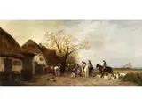 Jagdgesellschaft bei der Rast vor Einem Bauernhaus by Robert Schleich, oil on canvas, offered Mar 2026
