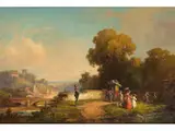 Ankunft Einer Kutsche auf Höhenplateau mit Damengesellschaft und Einem Wachsoldaten by Willy Moralt, oil, sold Sep 2023