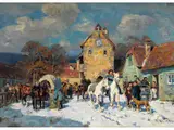 Winterlicher Pferdemarkt by Wilhelm Velten, oil on panel, offered Sep 2024