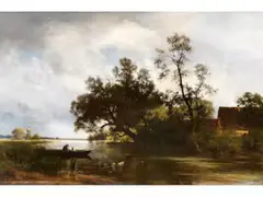 Uferlandschaft mit Boot und Gehöft by Philipp Röth, oil on canvas, offered Dec 2023
