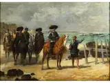 Strandszene mit Ranghohen Spaniern und Einfacheren Soldaten zu Pferde by Léon du Paty, 1849 Paris – 1920, oil on canvas, offered Dec 2023
