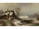 Bauernhaus mit Figuren in Winterlicher Landschaft by Anton Doll, oil on canvas, offered Sep 2024