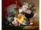 Stillleben mit Porzellan, Blumen und Früchten by Eugène Henri Cauchois, oil on canvas, sold Sep 2023