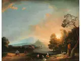 Flusslandschaft mit Figuren im Untergehenden Sonnenlicht by L. Gardon, oil on canvas, offered Apr 2022