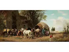 Fuhrwerk bei der Rast vor Einem Wirtshaus by Ludwig Hartmann, oil on panel, sold Jun 2024