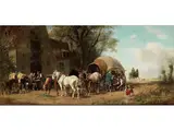 Fuhrwerk bei der Rast vor Einem Wirtshaus by Ludwig Hartmann, oil on panel, sold Jun 2024