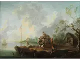 Flusslandschaft mit Boot und Fuhrwerk by Johann Christian Brand, oil on canvas, offered Mar 2019