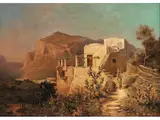 Italienische Landschaft mit Grossen Gebirgsfelsen und Steinernem Wohnhaus by Franz Richard Unterberger, oil on canvas, offered Jun 2021