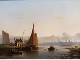 Flusslandschaft mit Booten, Figuren und Stadt im Hintergrund by Nicolaas Riegen, oil, sold Mar 2015