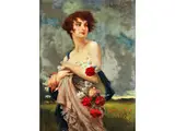 Junge Frau mit Gepflückten Blumen in Ihren Armen by Leopold Schmutzler, oil on board, sold Jun 2024